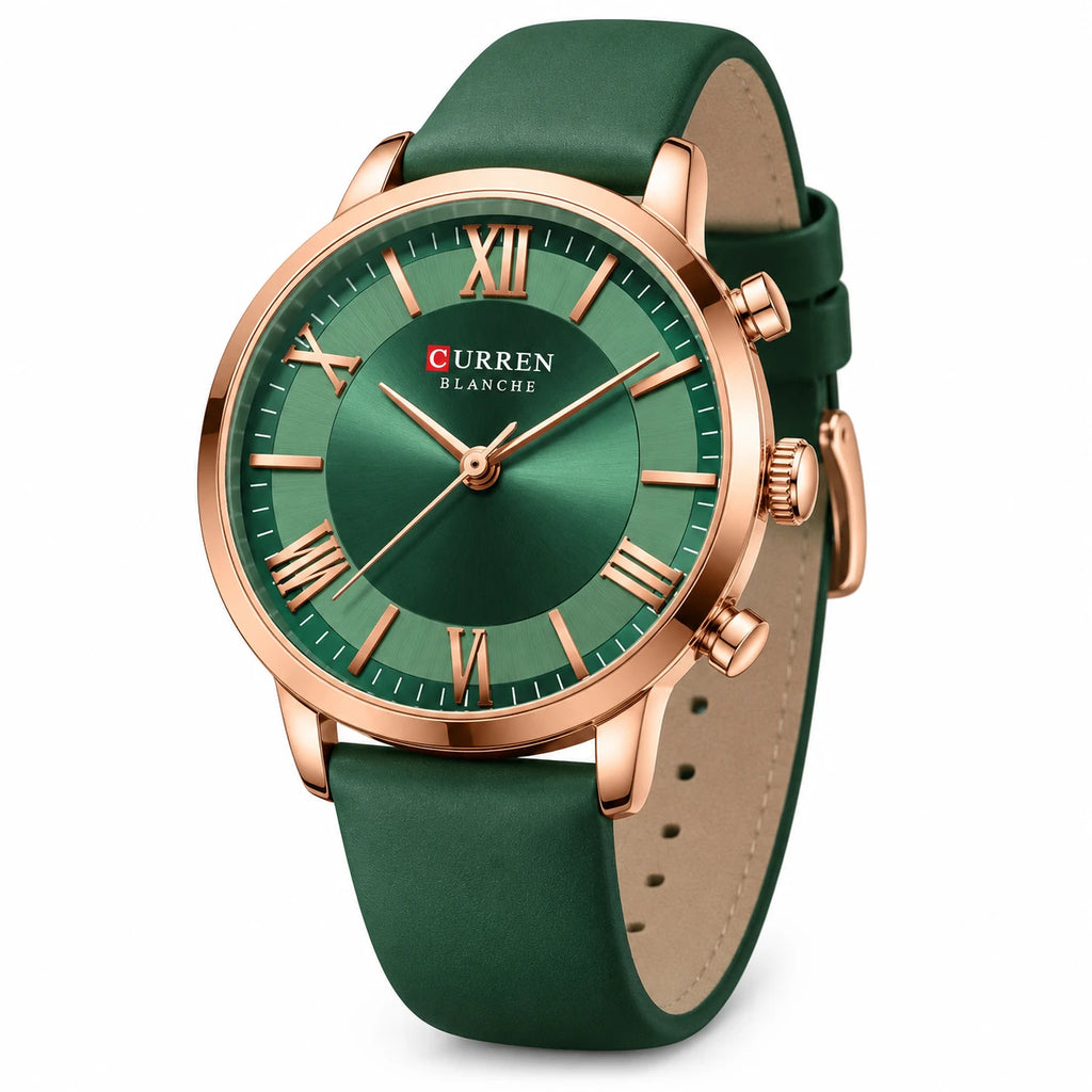 Montre Femme Cuir Vert à Cadran Nacré et Boîtier Doré - Fond blanc, autre angle