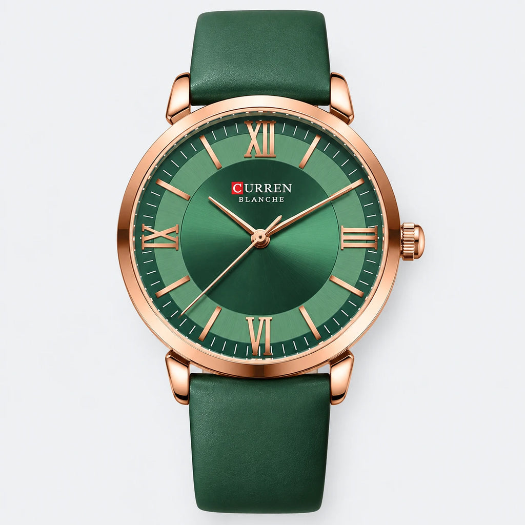 Montre Femme Cuir Vert à Cadran Nacré et Boîtier Doré - Fond gris clair