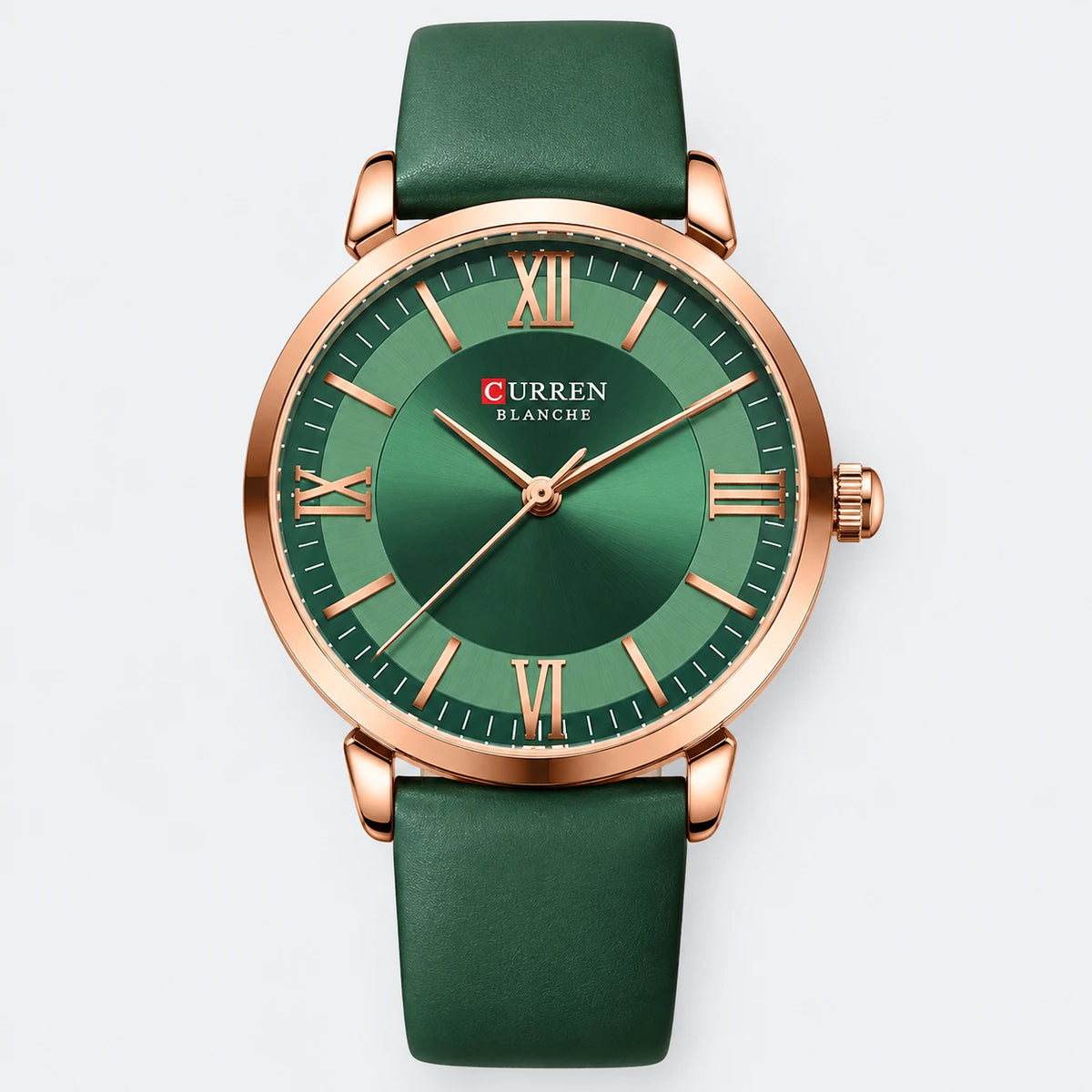 Montre Femme Cuir Vert à Cadran Nacré et Boîtier Doré - Fond gris clair