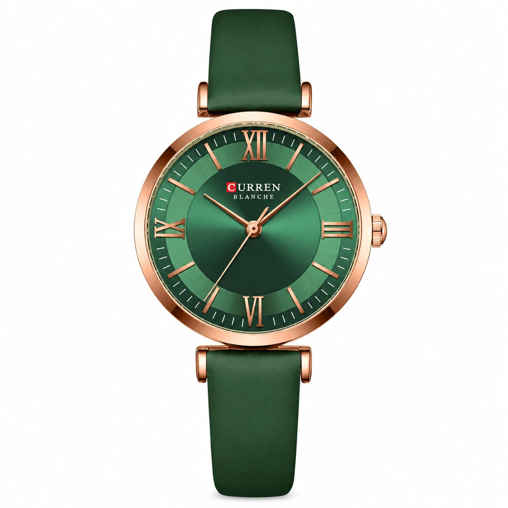 Montre Femme Cuir Vert à Cadran Nacré et Boîtier Doré - green box