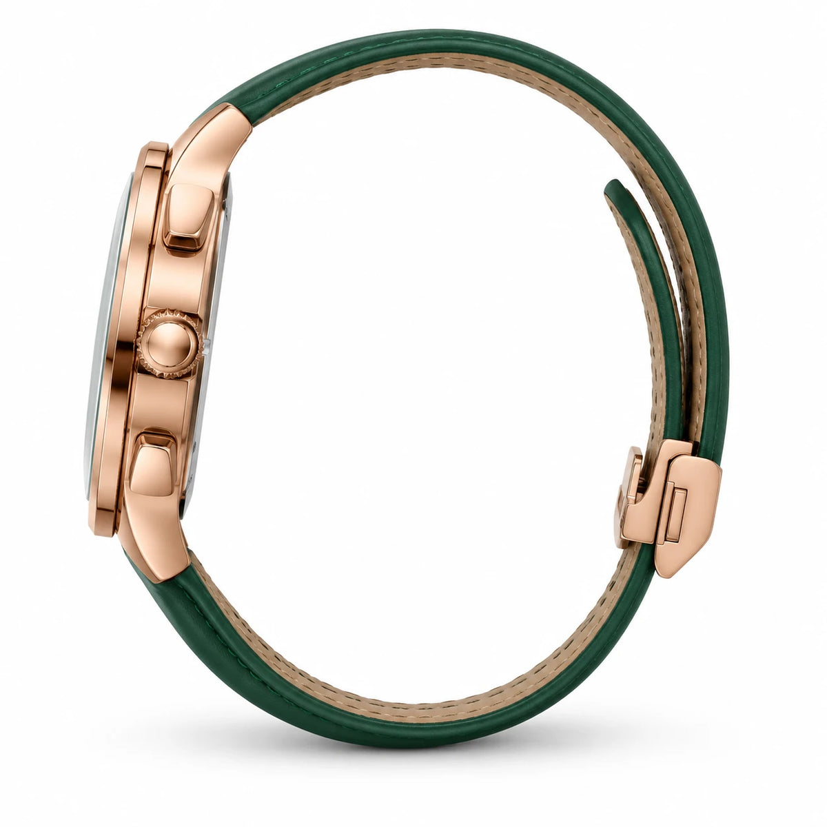 Montre Femme Cuir Vert à Cadran Nacré et Boîtier Doré - Photo côté