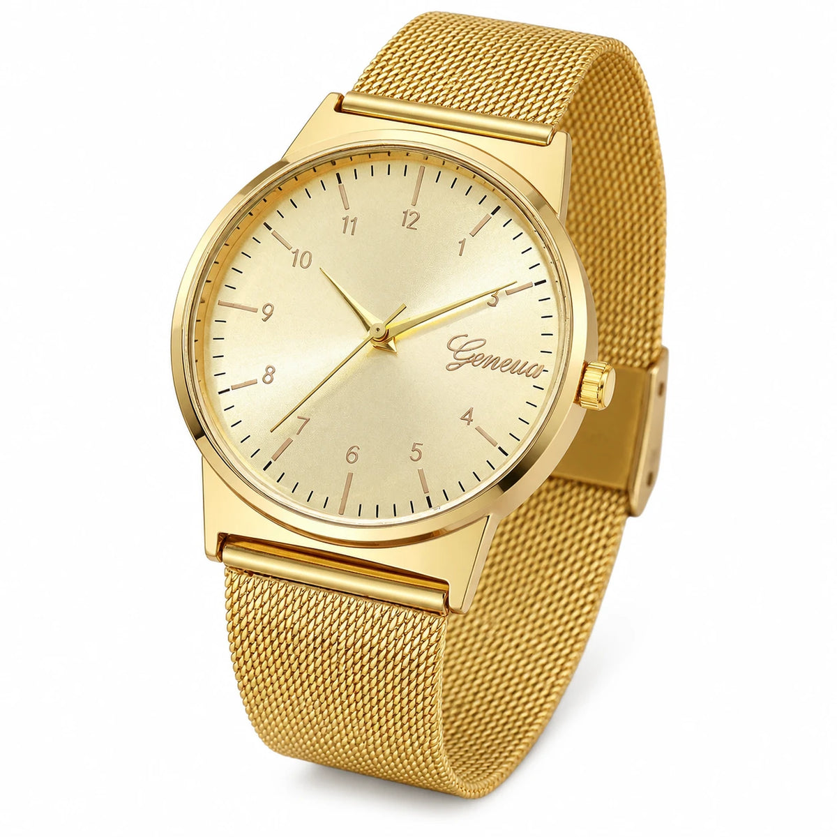 Montre Femme Dorée à Cadran Arabes et Bracelet Milanais - Fond blanc, autre angle