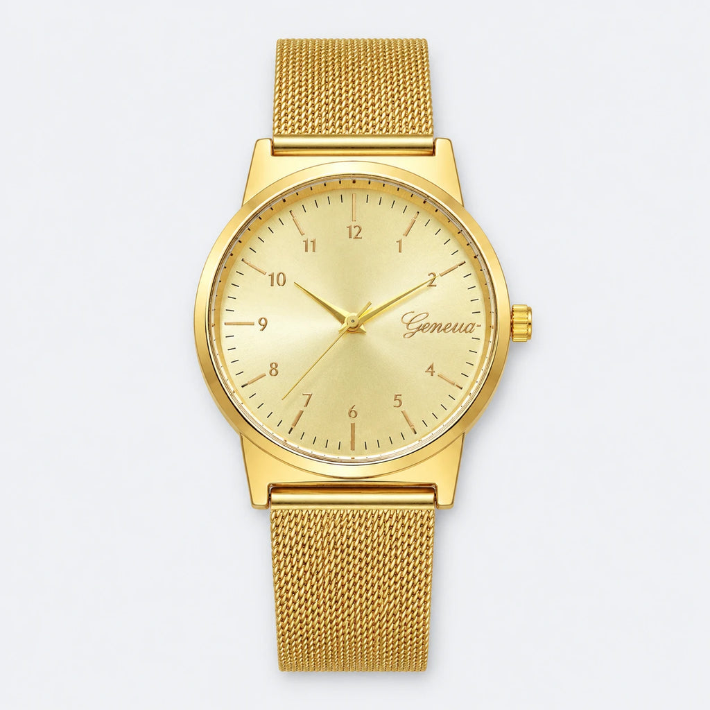 Montre Femme Dorée à Cadran Arabes et Bracelet Milanais - Fond gris clair