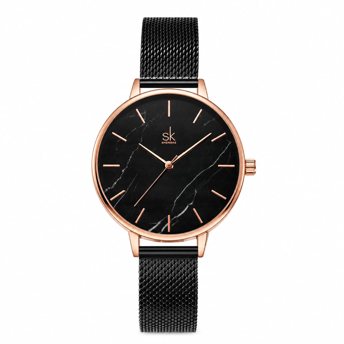 Montre Femme Effet Marbre à Bracelet Maille Milanaise Or Rose - black