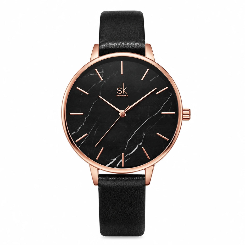 Montre Femme Effet Marbre à Bracelet Maille Milanaise Or Rose - black leather