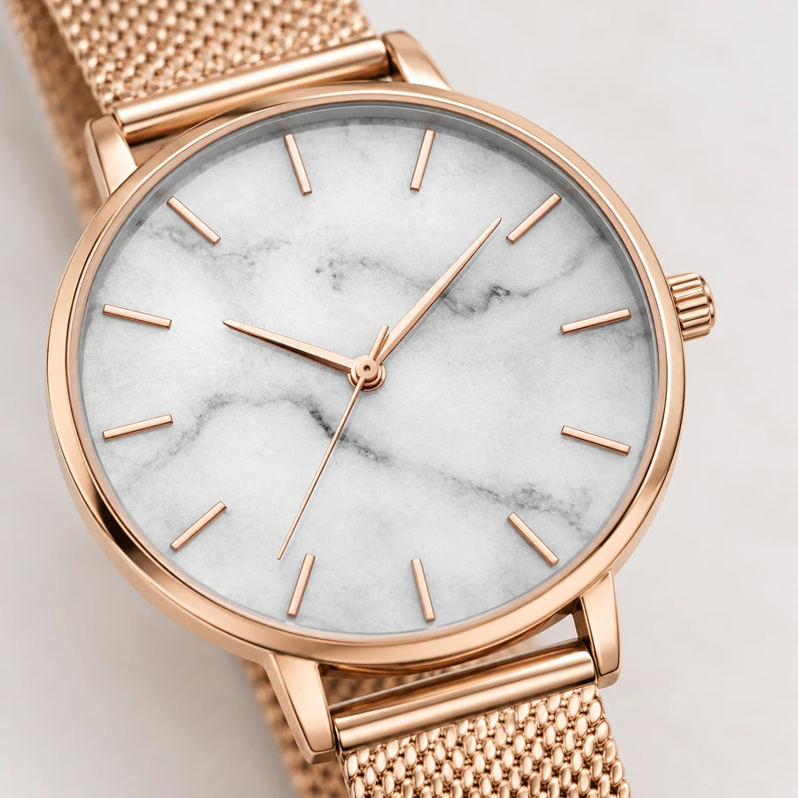 Montre Femme Effet Marbre à Bracelet Maille Milanaise Or Rose - Détail matière