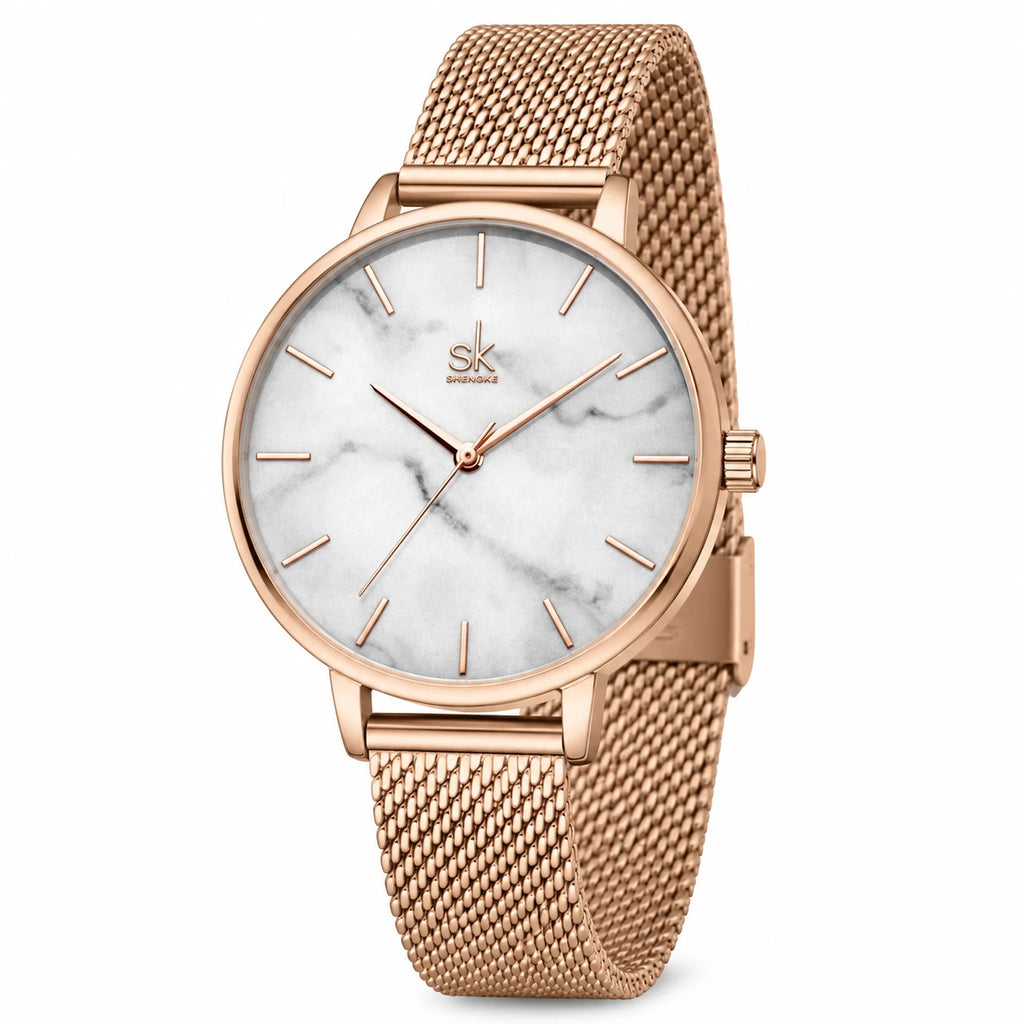Montre Femme Effet Marbre à Bracelet Maille Milanaise Or Rose - Fond blanc, autre angle