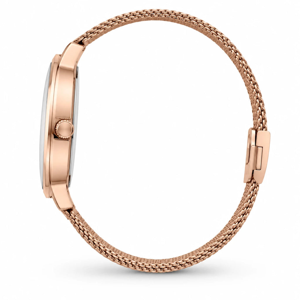 Montre Femme Effet Marbre à Bracelet Maille Milanaise Or Rose - Photo côté