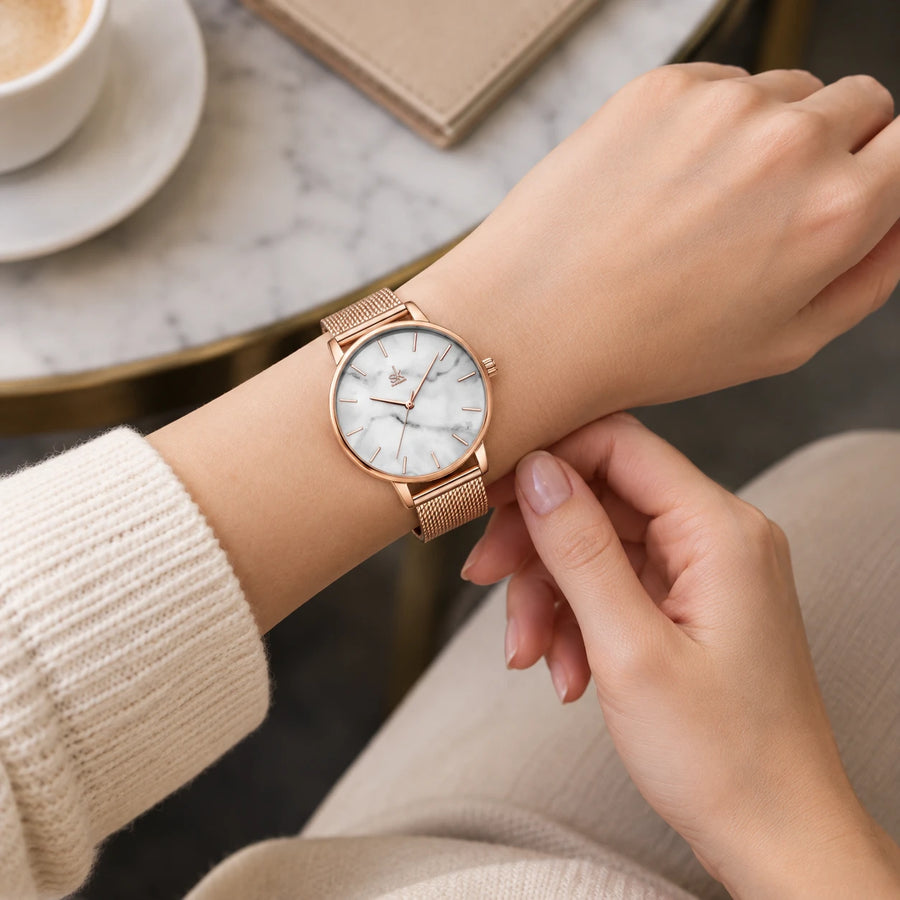 Montre Femme Effet Marbre à Bracelet Maille Milanaise Or Rose - Utilisation du produit - classique