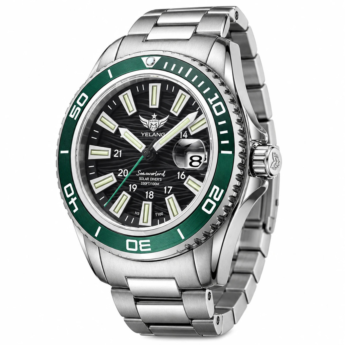 Montre Femme Étanche Cadran Noir et Lunette Verte - Fond blanc, autre angle