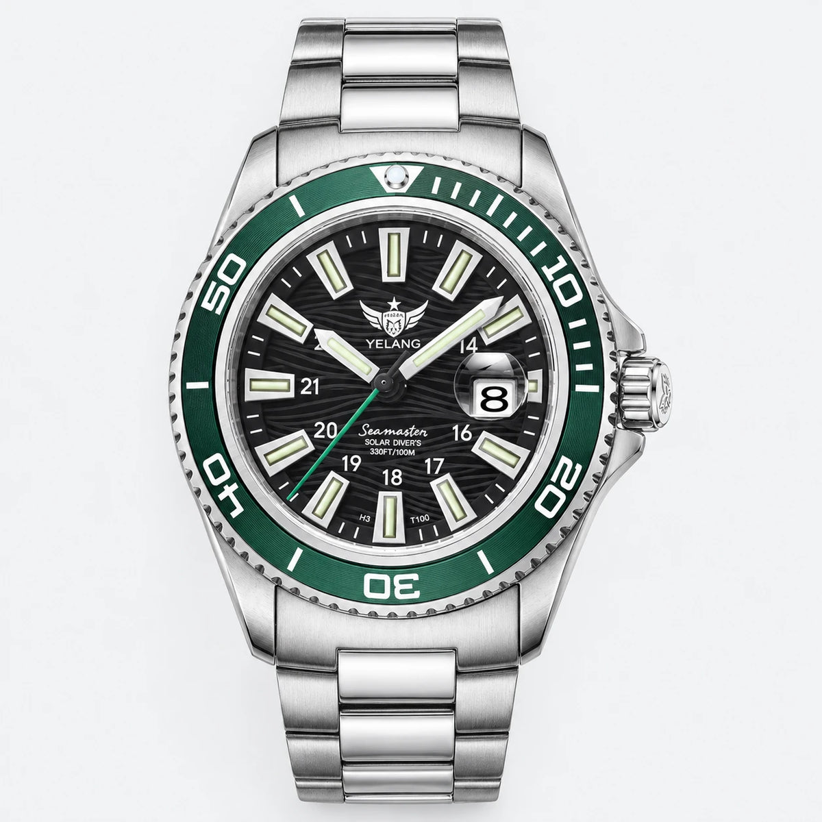 Montre Femme Étanche Cadran Noir et Lunette Verte - Fond gris clair