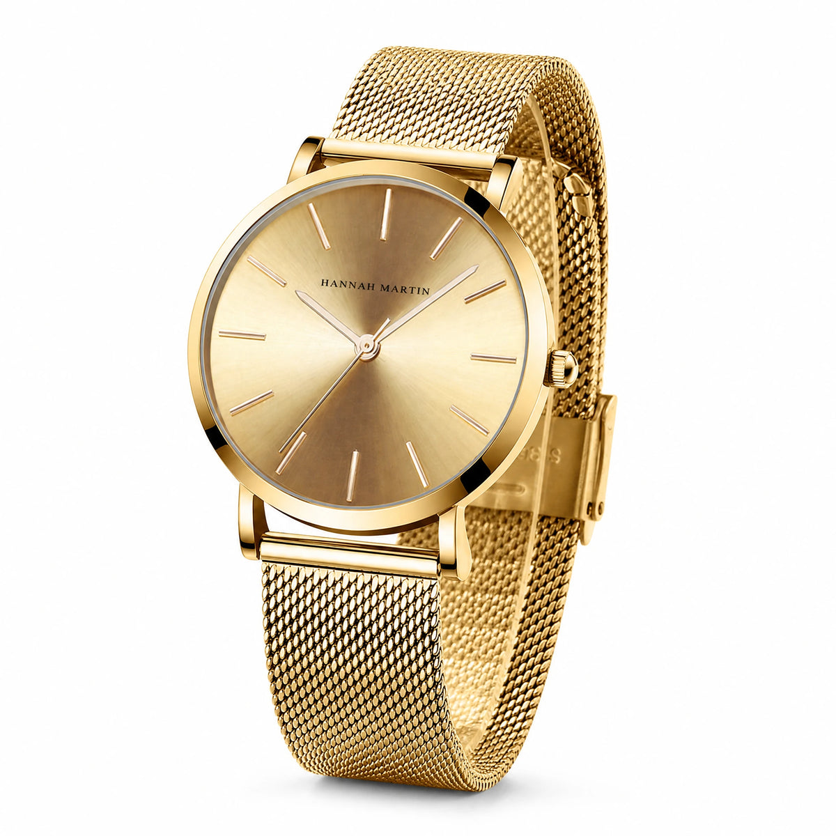Montre Femme Maille Milanaise Dorée Cadran Minimaliste - Fond blanc, autre angle