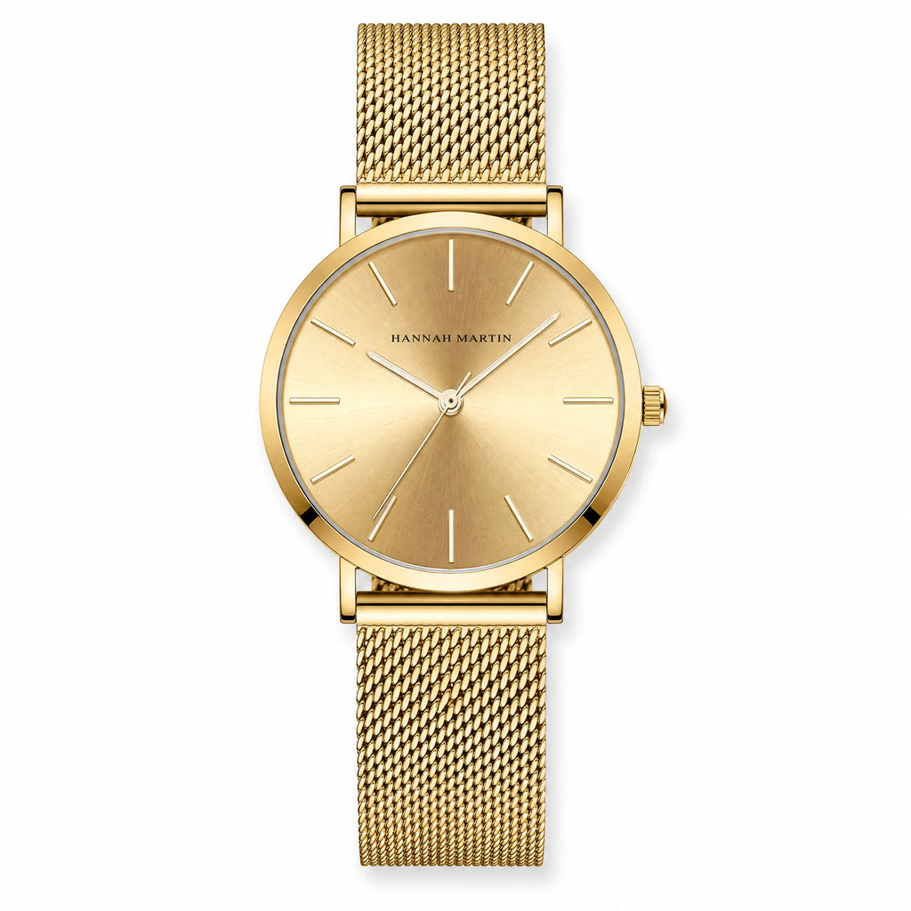 Montre Femme Maille Milanaise Dorée Cadran Minimaliste - Fond blanc
