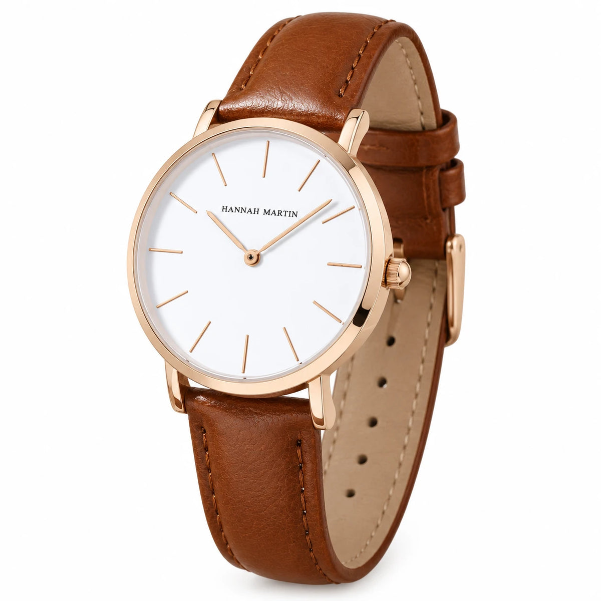 Montre femme minimaliste cadran blanc bracelet cuir - Fond blanc, autre angle