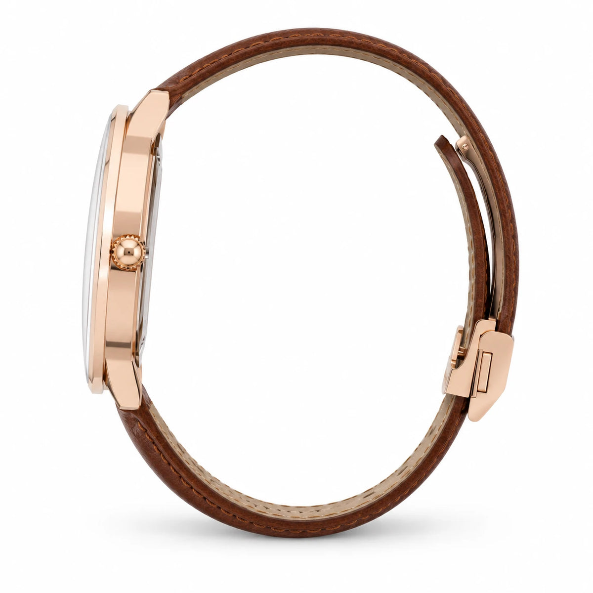 Montre femme minimaliste cadran blanc bracelet cuir - Photo côté