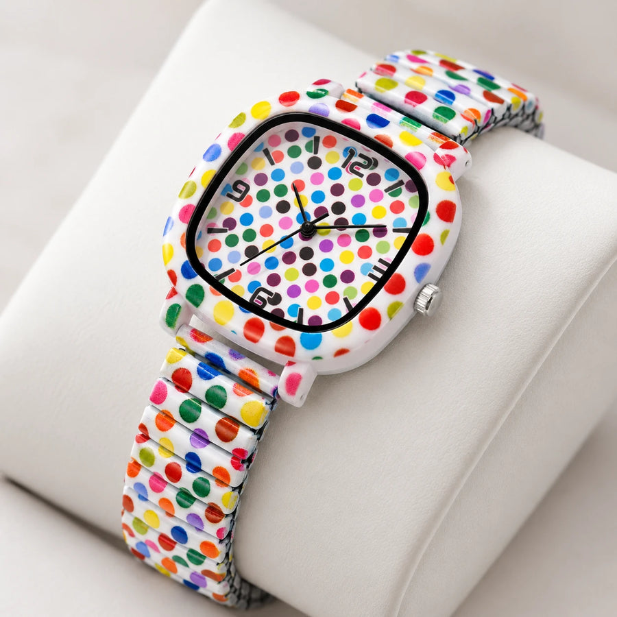Montre Femme Motif Pois Multicolores à Bracelet Extensible - Détail matière