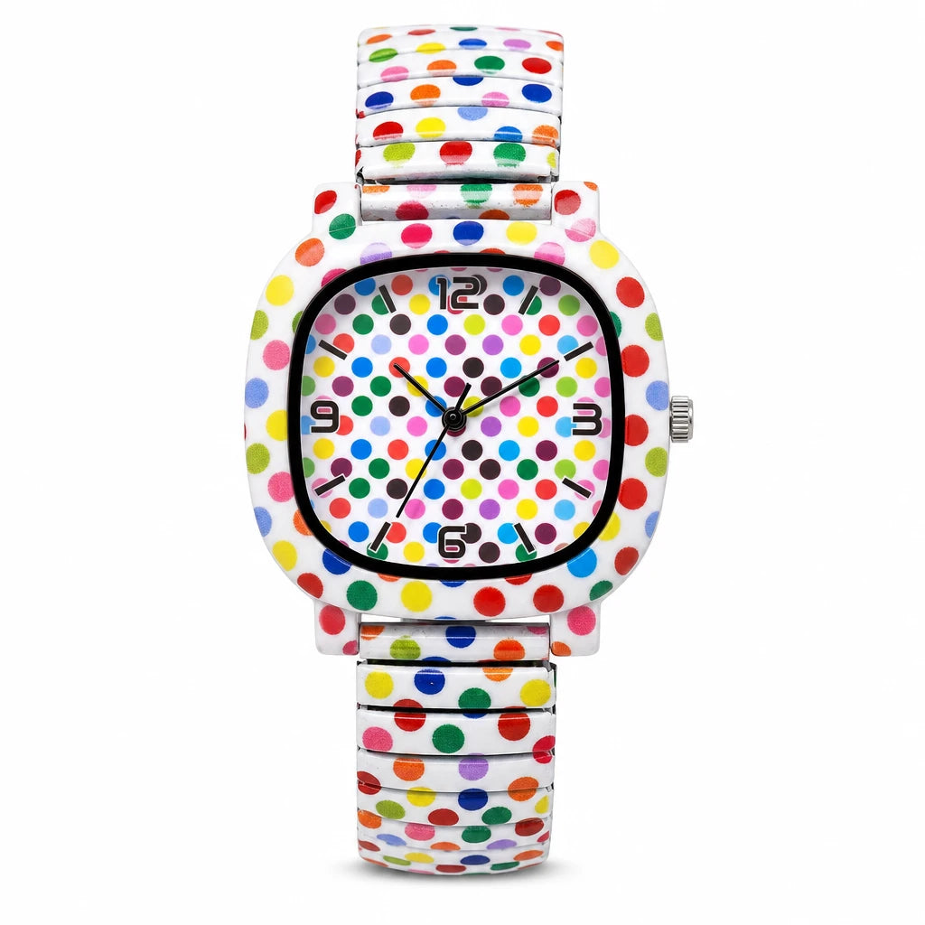 Montre Femme Motif Pois Multicolores à Bracelet Extensible - Dots No Box