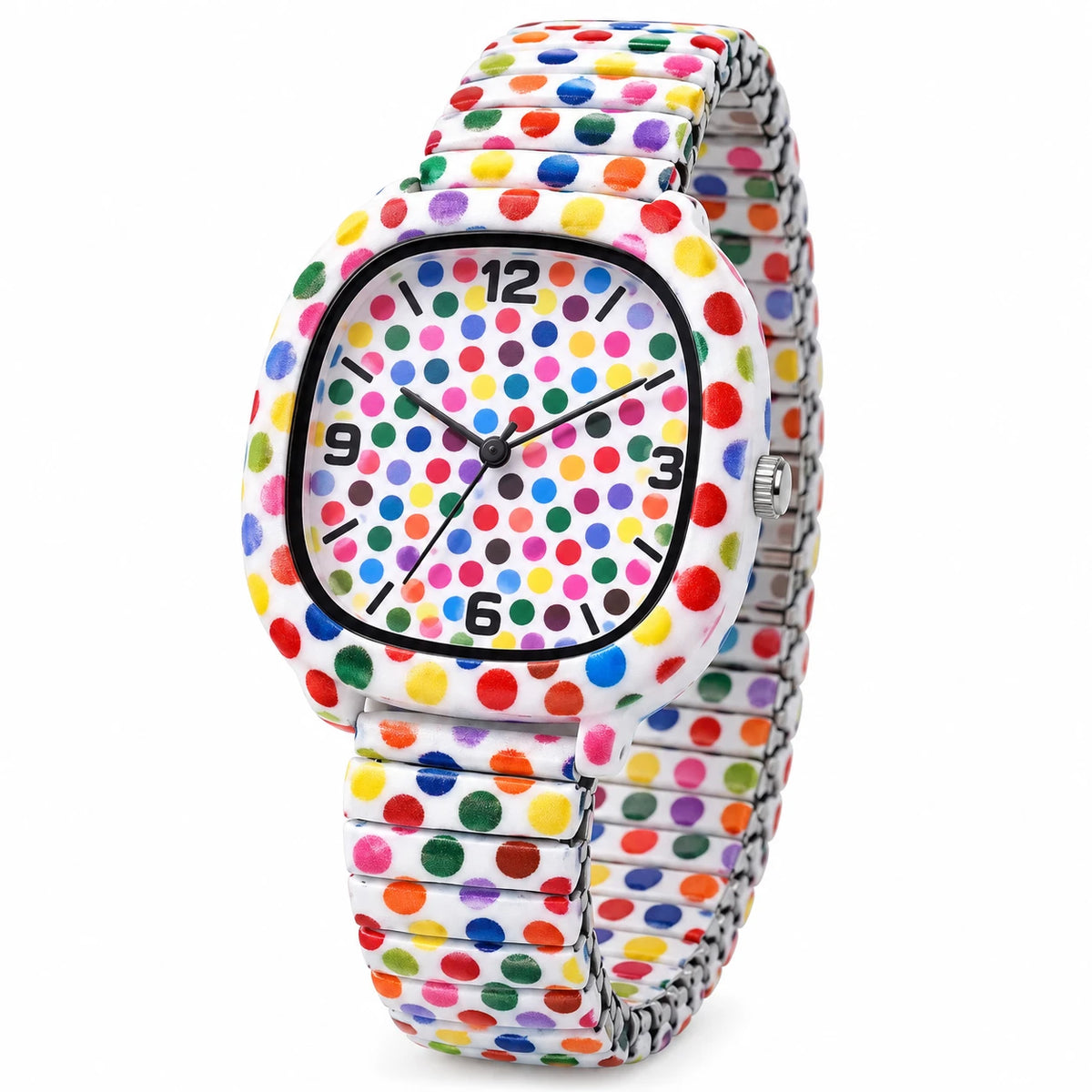 Montre Femme Motif Pois Multicolores à Bracelet Extensible - Fond blanc, autre angle