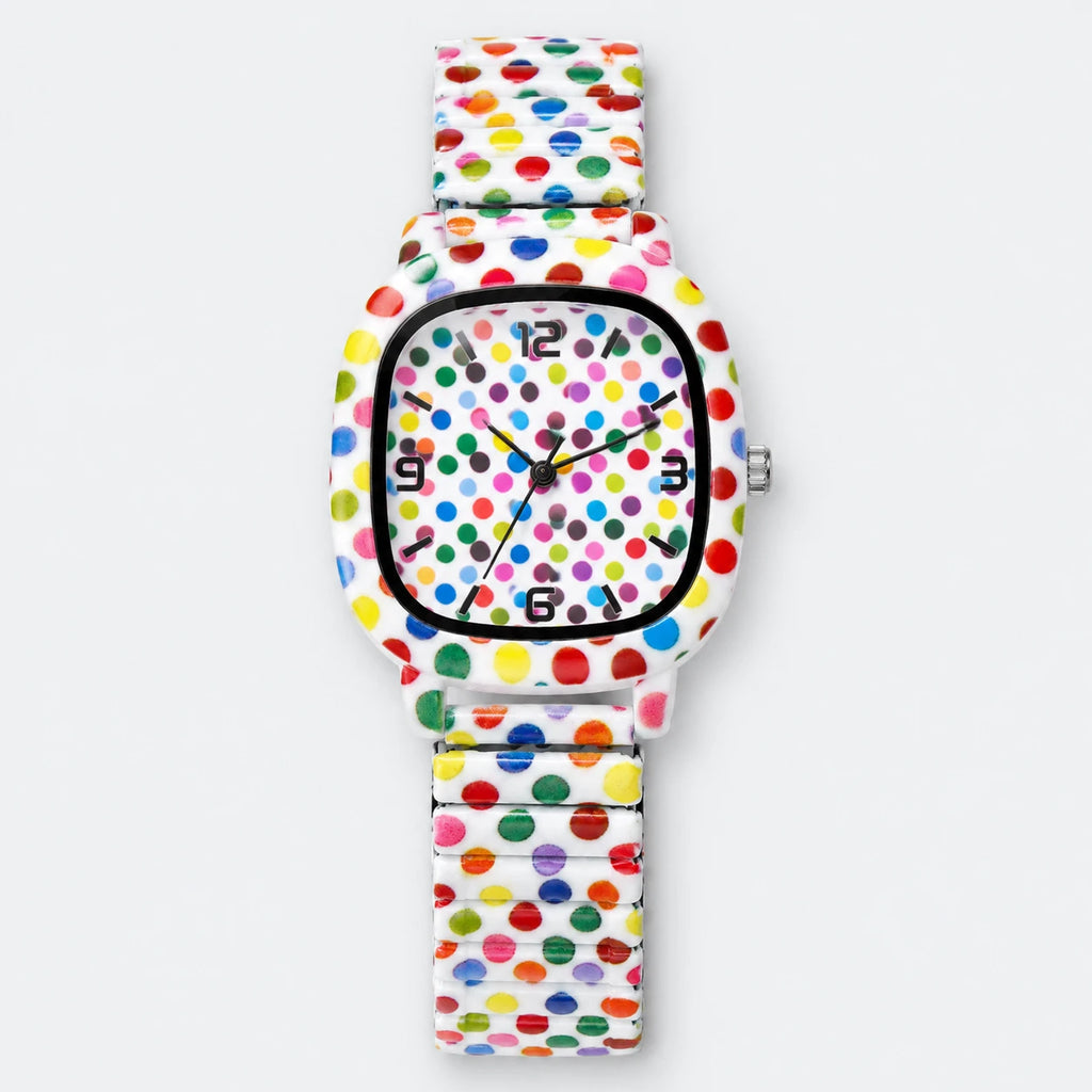 Montre Femme Motif Pois Multicolores à Bracelet Extensible - Fond gris clair