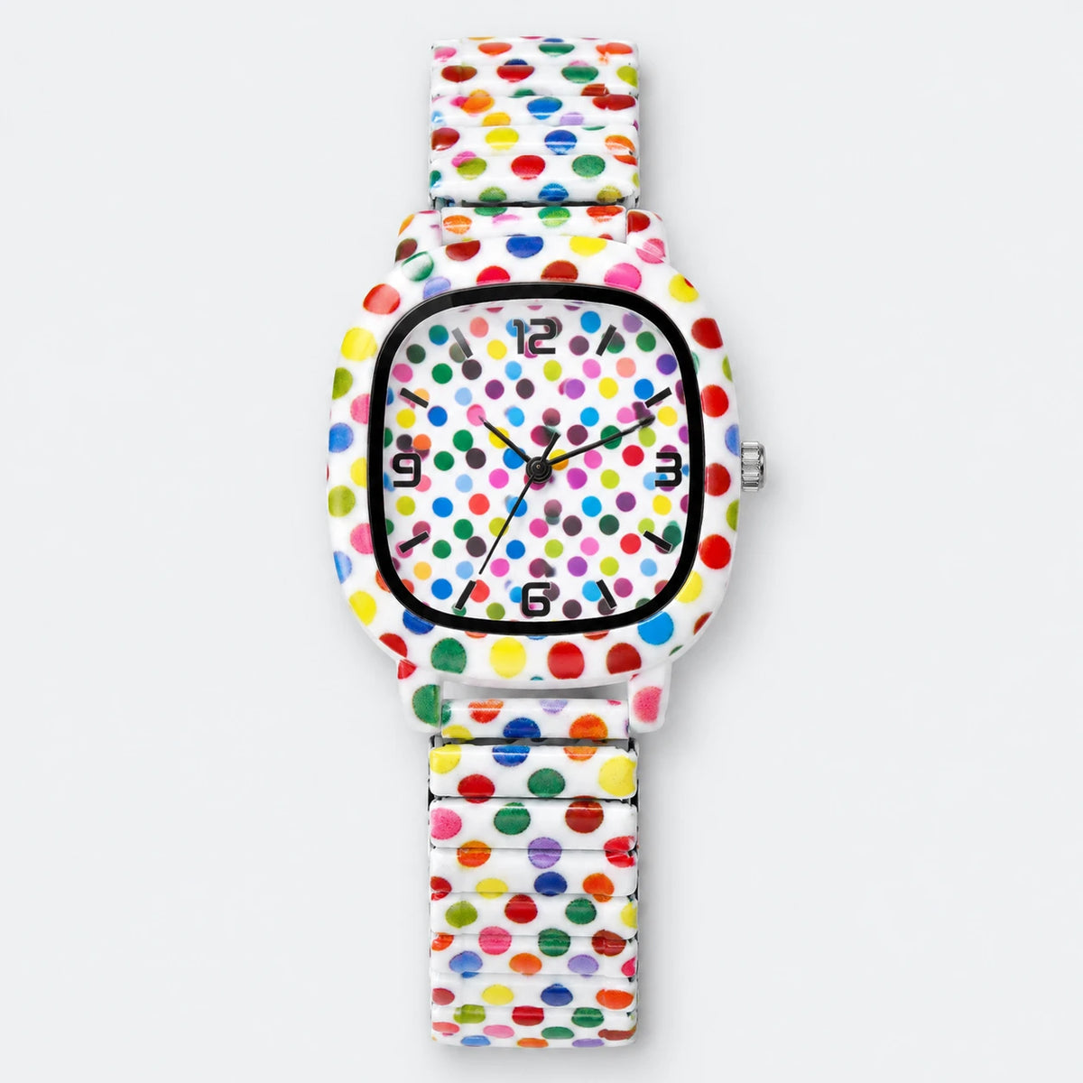 Montre Femme Motif Pois Multicolores à Bracelet Extensible - Fond gris clair
