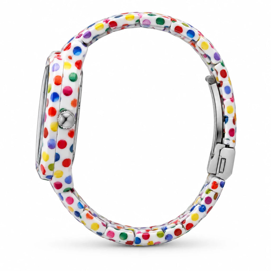 Montre Femme Motif Pois Multicolores à Bracelet Extensible - Photo côté
