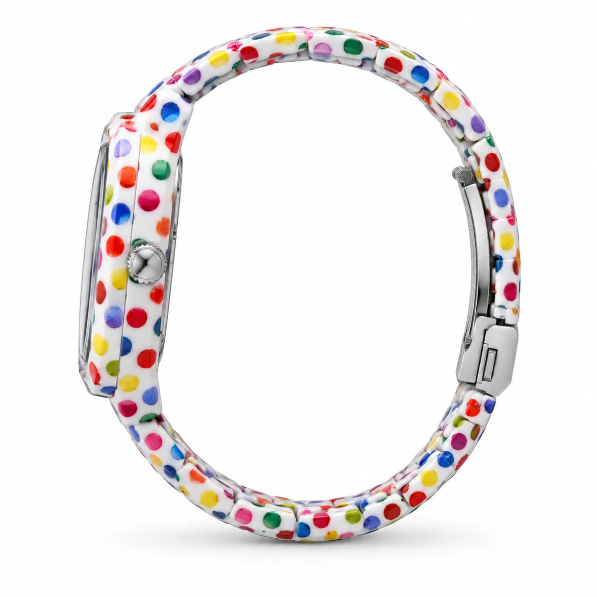 Montre Femme Motif Pois Multicolores à Bracelet Extensible - Photo côté