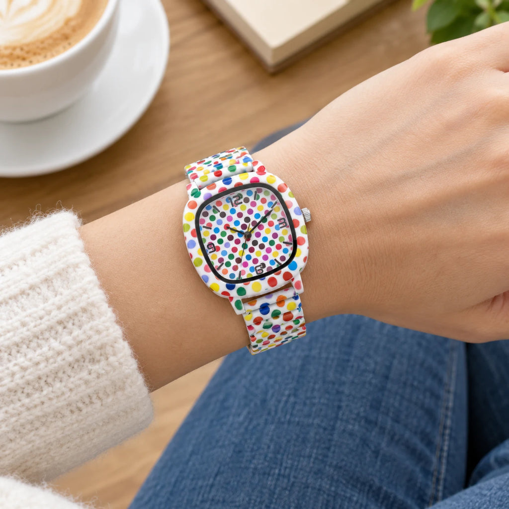 Montre Femme Motif Pois Multicolores à Bracelet Extensible - Utilisation du produit - classique