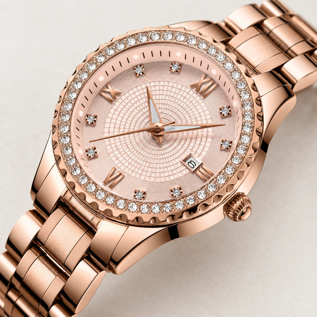 Montre Femme Or Rose avec Cristaux et Cadran Texturé - Détail matière
