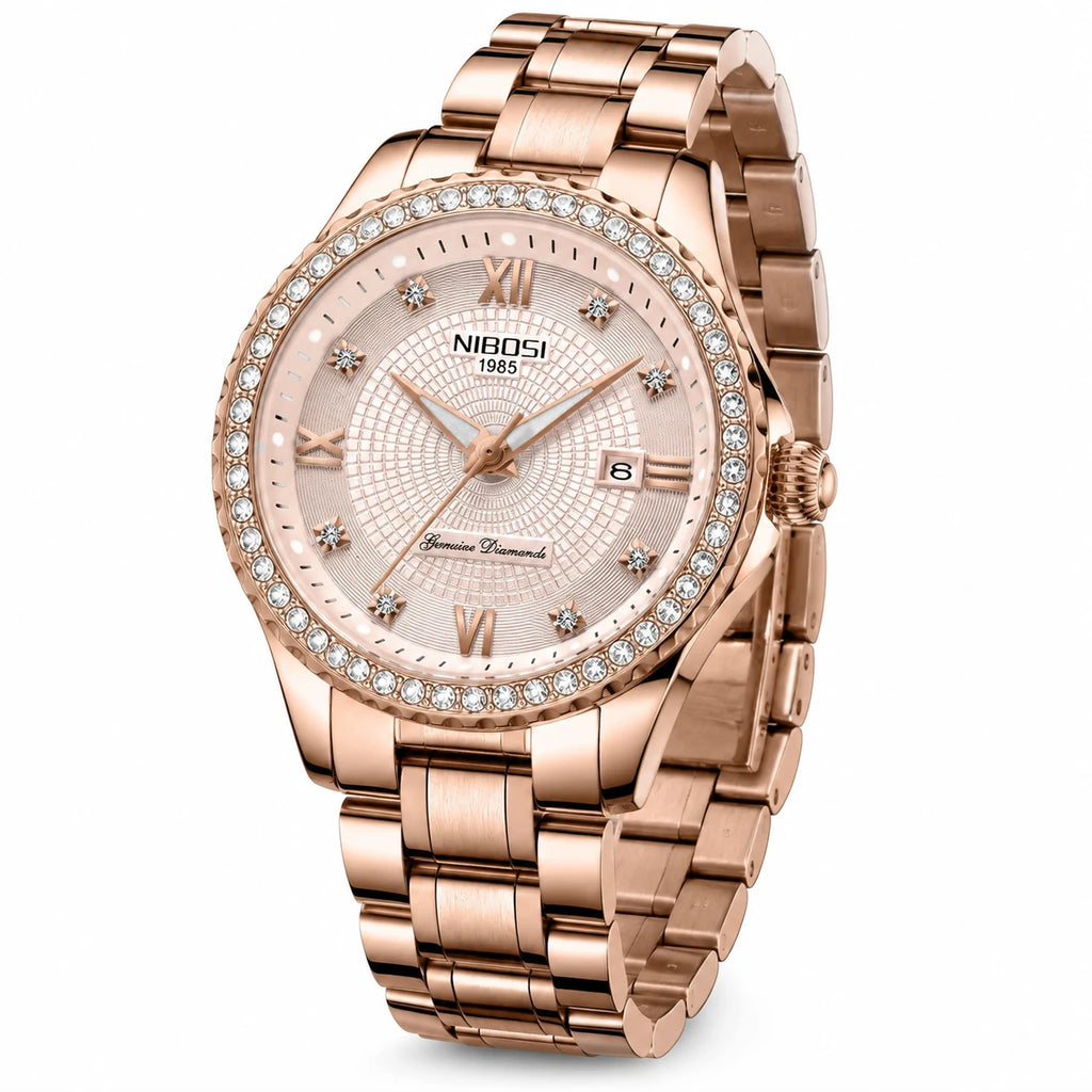 Montre Femme Or Rose avec Cristaux et Cadran Texturé - Fond blanc, autre angle