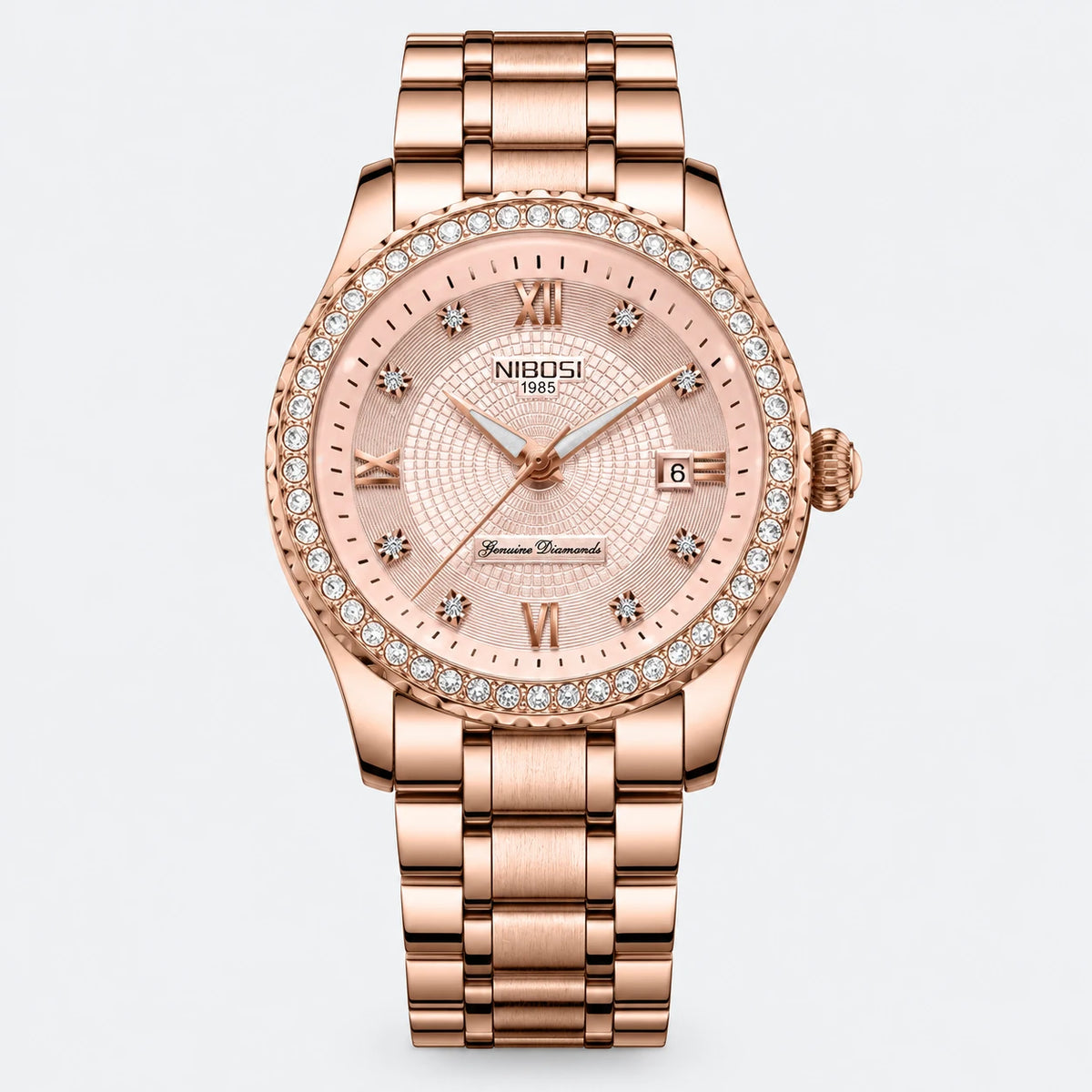 Montre Femme Or Rose avec Cristaux et Cadran Texturé - Fond gris clair