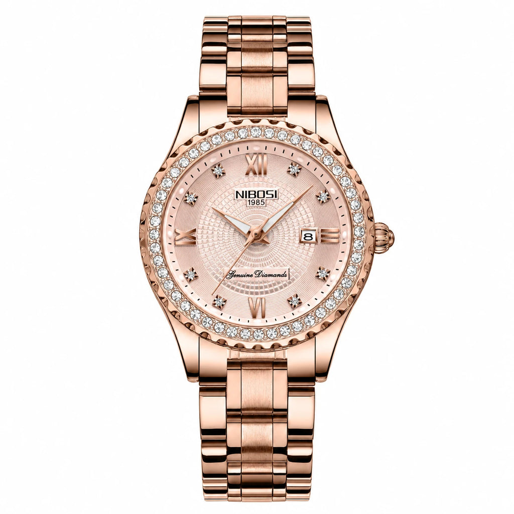Montre Femme Or Rose avec Cristaux et Cadran Texturé - Multicolor