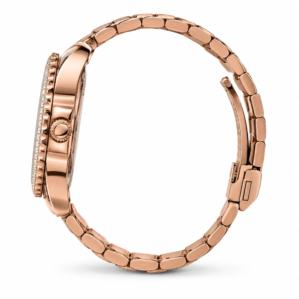 Montre Femme Or Rose avec Cristaux et Cadran Texturé - Photo côté