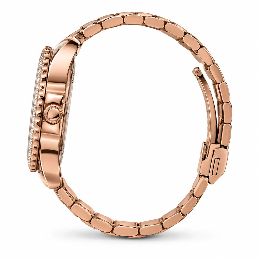 Montre Femme Or Rose avec Cristaux et Cadran Texturé - Photo côté