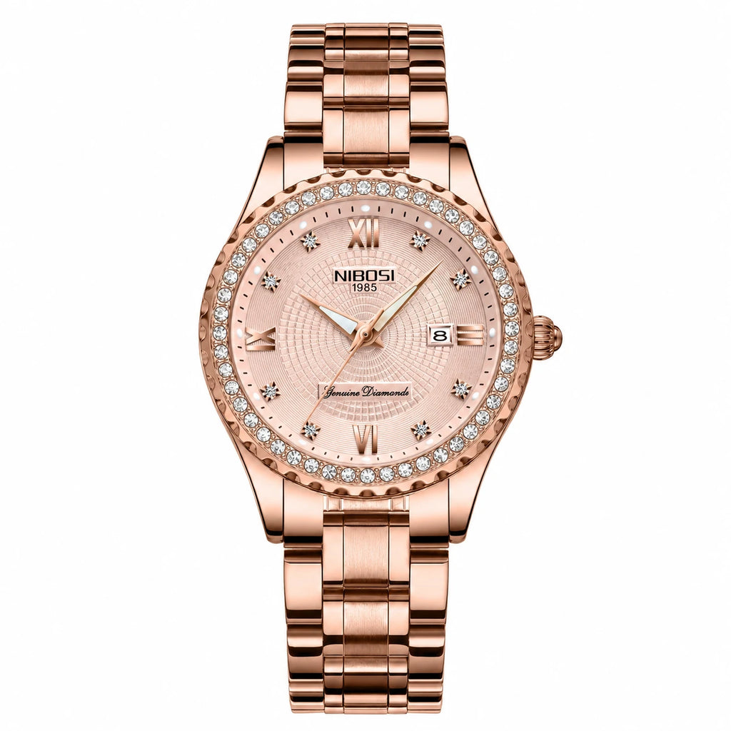 Montre Femme Or Rose avec Cristaux et Cadran Texturé - Rose Gold