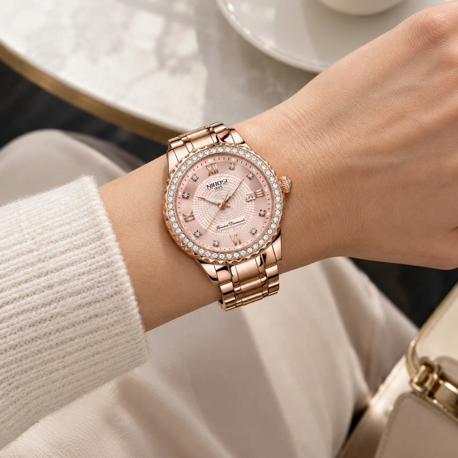 Montre Femme Or Rose avec Cristaux et Cadran Texturé - Utilisation du produit - classique