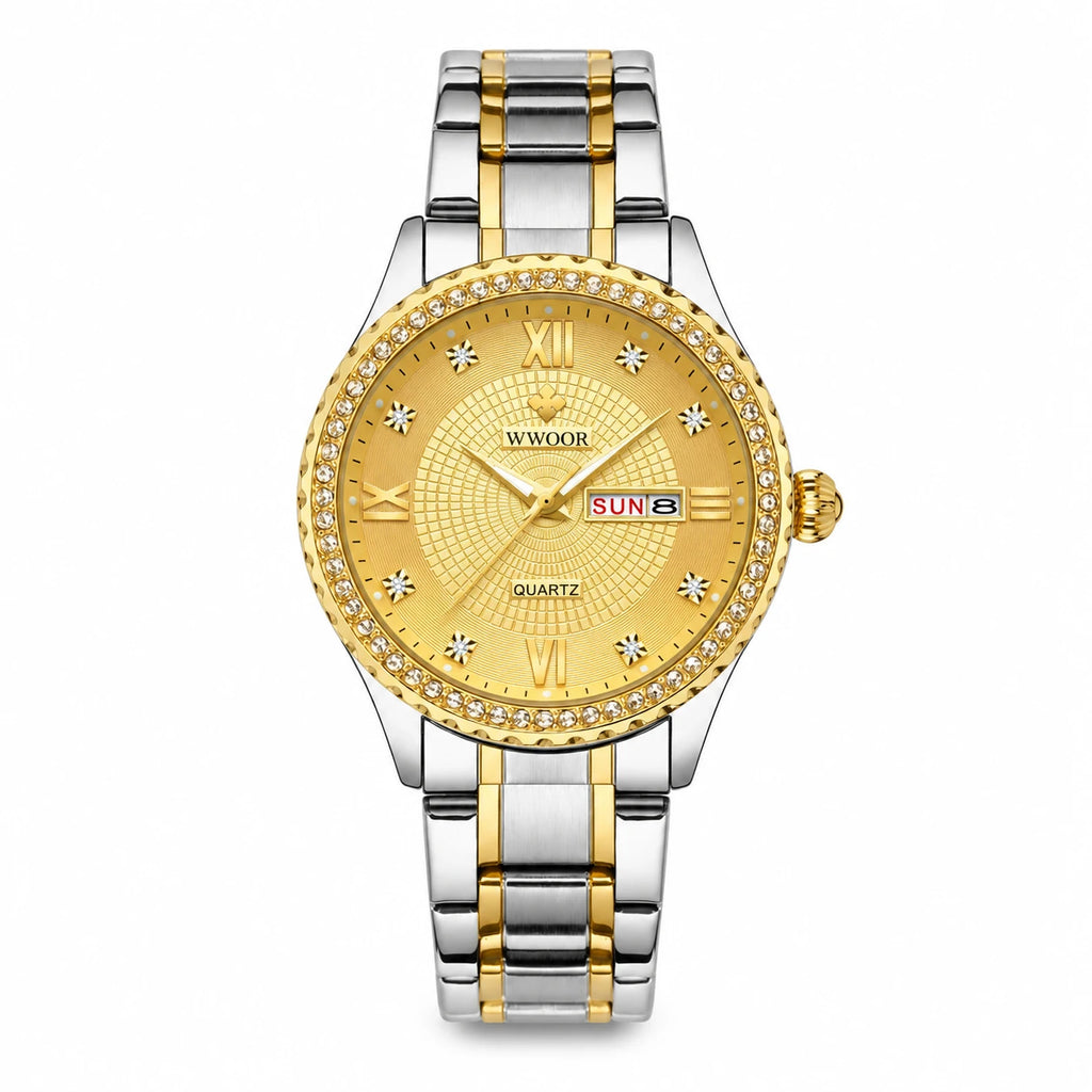 Montre Femme Quartz Bicolore avec Cadran Orné et Date - Bicolore or
