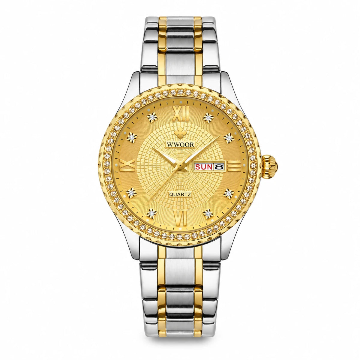Montre Femme Quartz Bicolore avec Cadran Orné et Date - Bicolore or