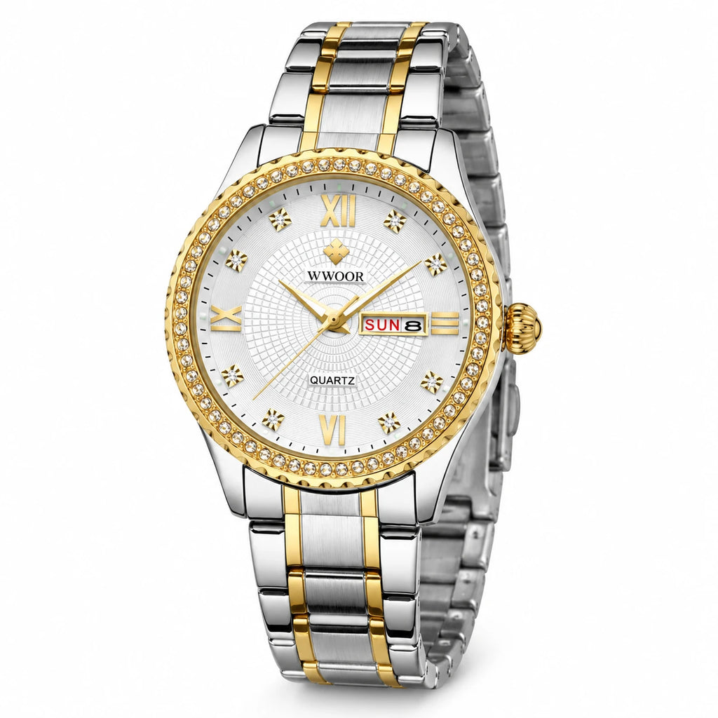 Montre Femme Quartz Bicolore avec Cadran Orné et Date - Fond blanc, autre angle