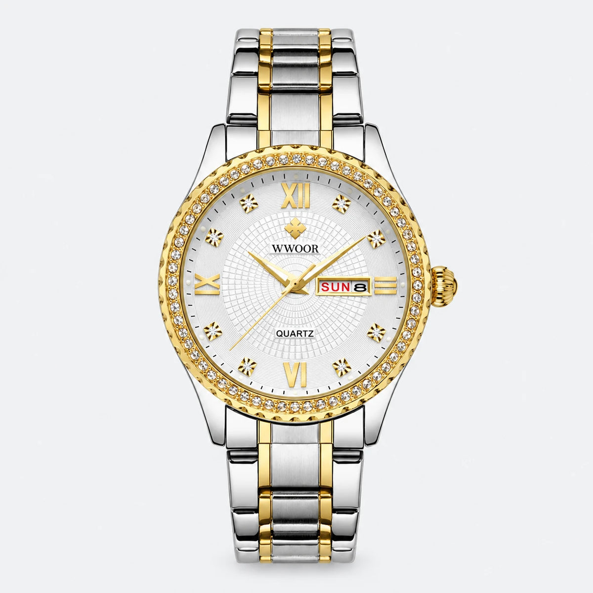 Montre Femme Quartz Bicolore avec Cadran Orné et Date - Fond gris clair