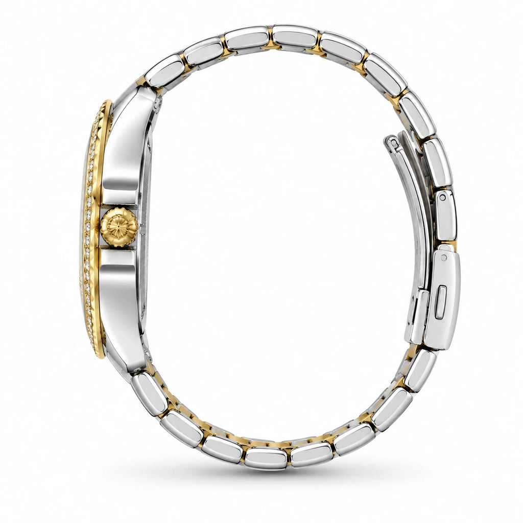 Montre Femme Quartz Bicolore avec Cadran Orné et Date - Photo côté