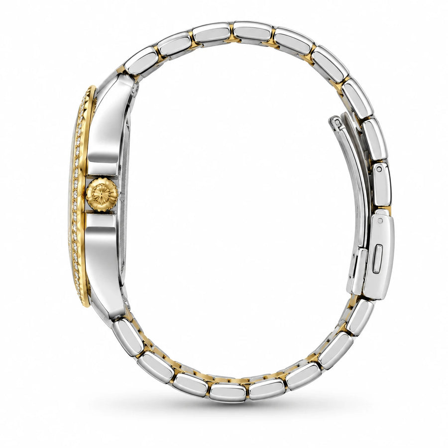 Montre Femme Quartz Bicolore avec Cadran Orné et Date - Photo côté