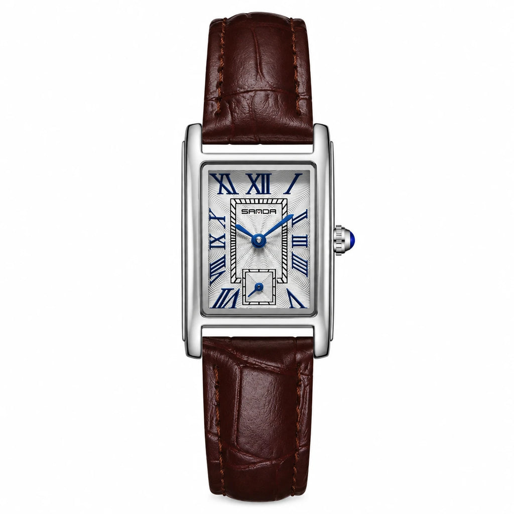 Montre Femme Rectangulaire à Chiffres Romains et Bracelet Cuir - Argent et marron