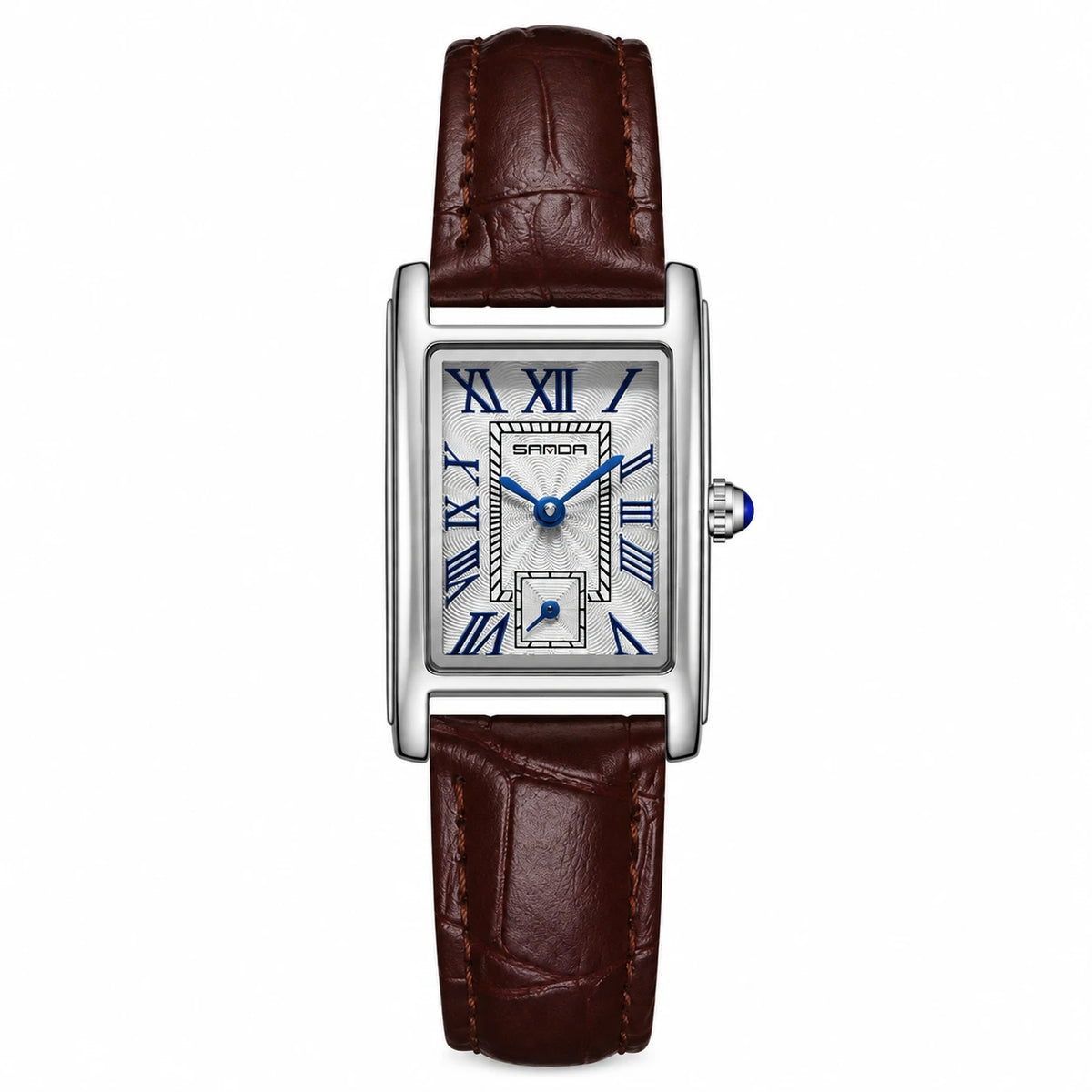 Montre Femme Rectangulaire à Chiffres Romains et Bracelet Cuir - Argent et marron