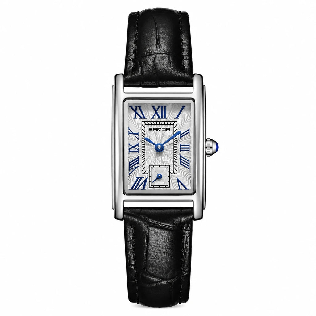 Montre Femme Rectangulaire à Chiffres Romains et Bracelet Cuir - Argent et noir