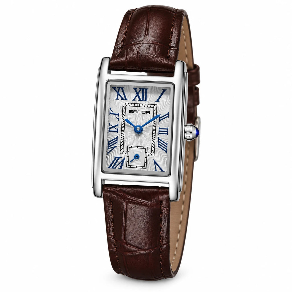 Montre Femme Rectangulaire à Chiffres Romains et Bracelet Cuir - Fond blanc, autre angle
