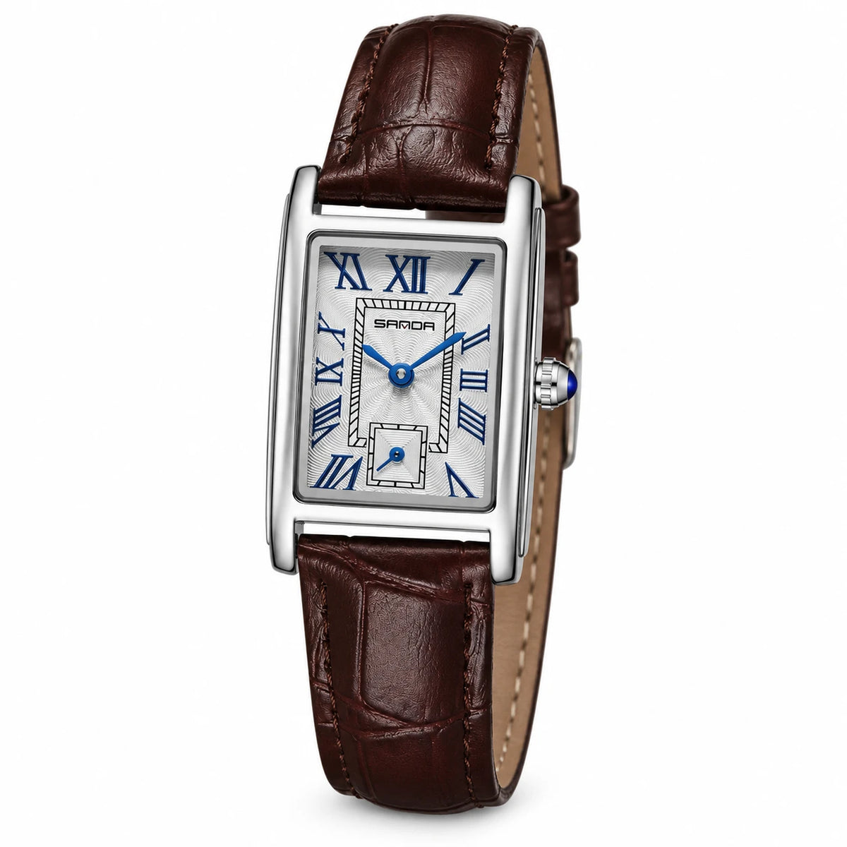 Montre Femme Rectangulaire à Chiffres Romains et Bracelet Cuir - Fond blanc, autre angle