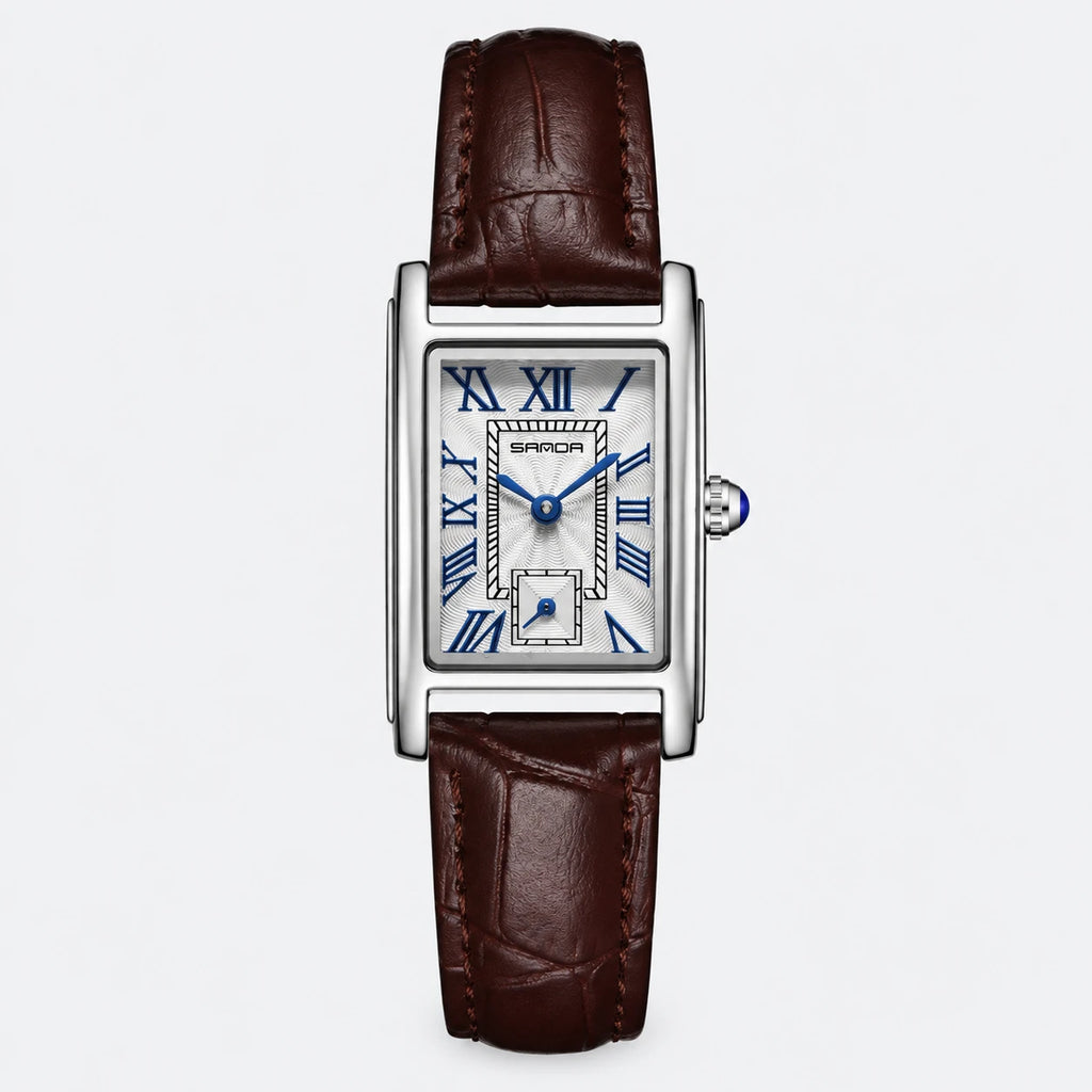 Montre Femme Rectangulaire à Chiffres Romains et Bracelet Cuir - Fond gris clair