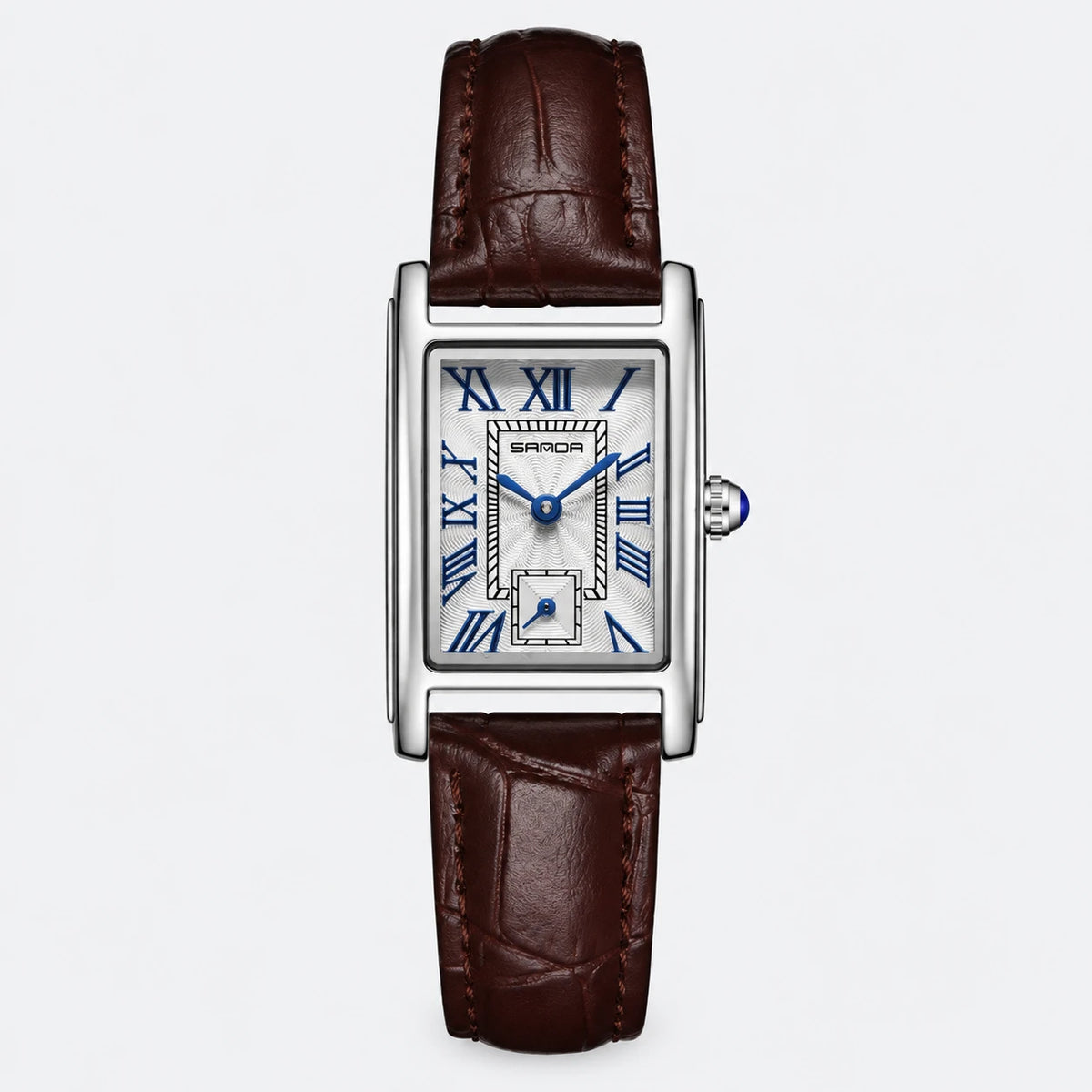 Montre Femme Rectangulaire à Chiffres Romains et Bracelet Cuir - Fond gris clair