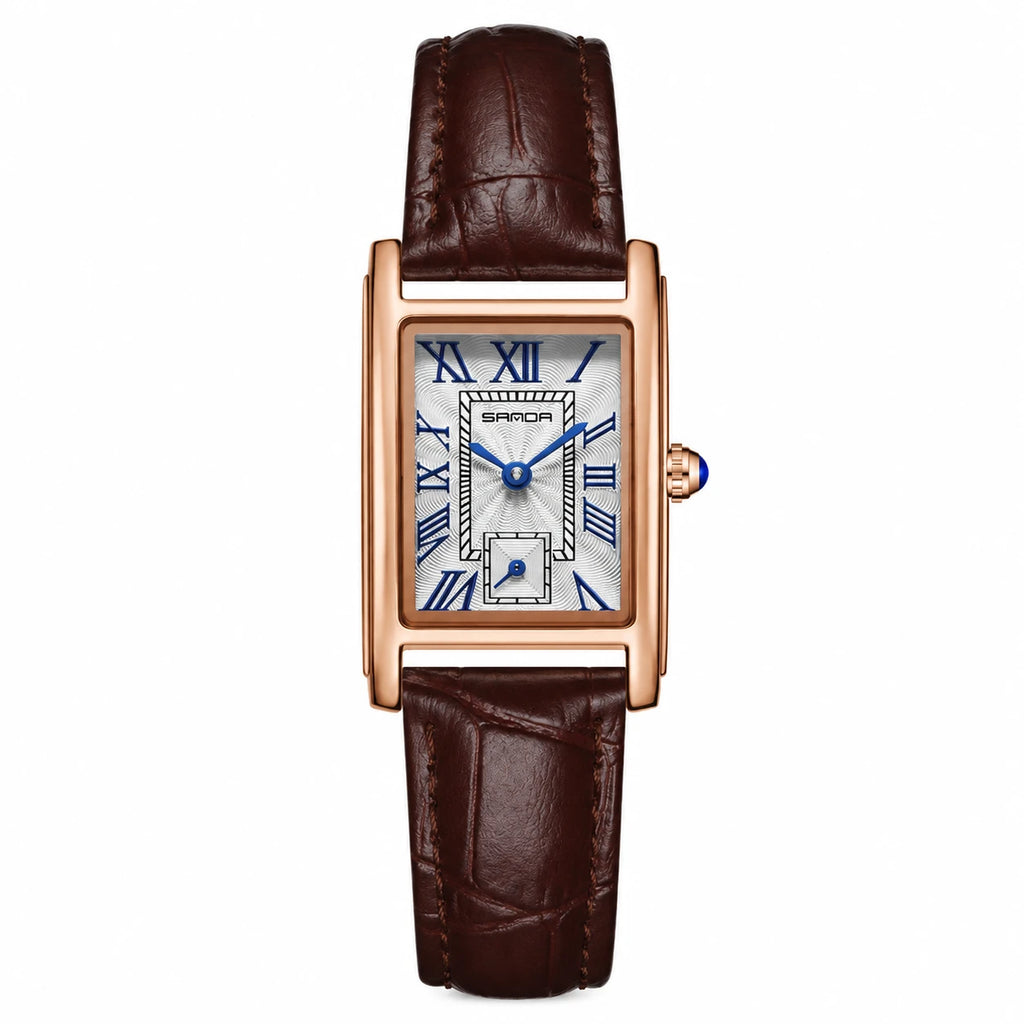 Montre Femme Rectangulaire à Chiffres Romains et Bracelet Cuir - Or rose
