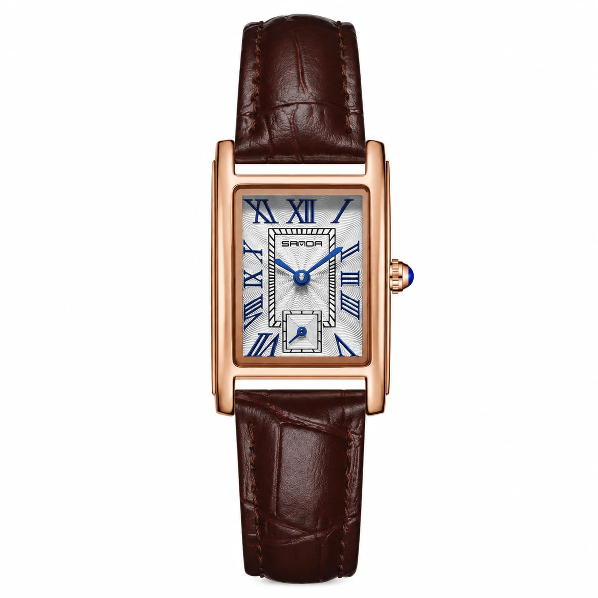Montre Femme Rectangulaire à Chiffres Romains et Bracelet Cuir - Or rose
